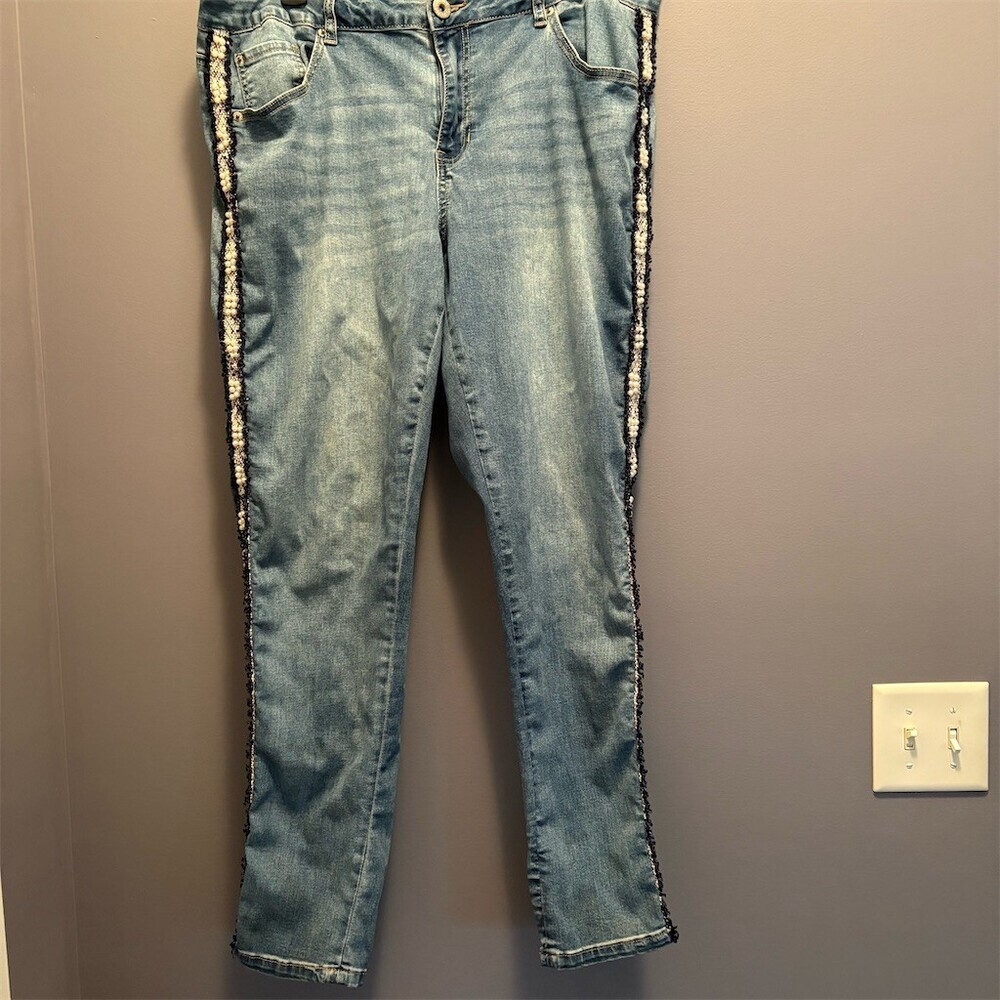 Ashley Stewart Jeans Womens Plus Size 16 Blue Skinny Pearl Beaded Stripe